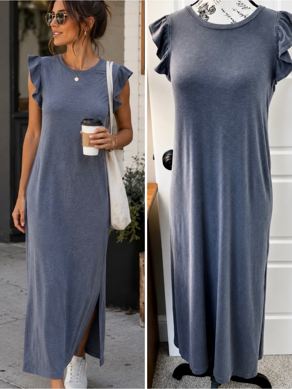 SUNDRY Heathered Gray Blue Ruffle Shoulder Side Slit Tee Midi Dress Size 0 XS💛